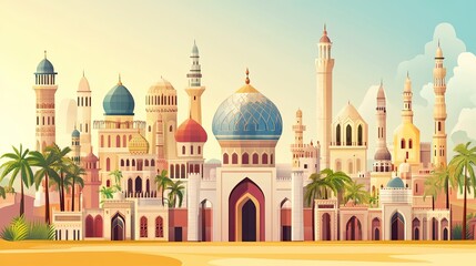 Fototapeta premium Islamic City Urban landscape with traditional buildings on cartoon background with architectural objects.
