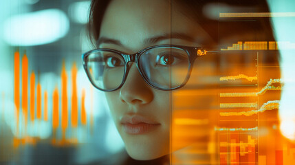 Young woman with glasses analyzing financial data and charts on digital interface in a modern office setting, representing technology and insights