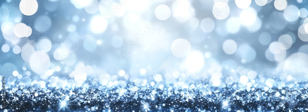 Aufkleber a shimmering blue and silver background with sparkling bokeh effects.