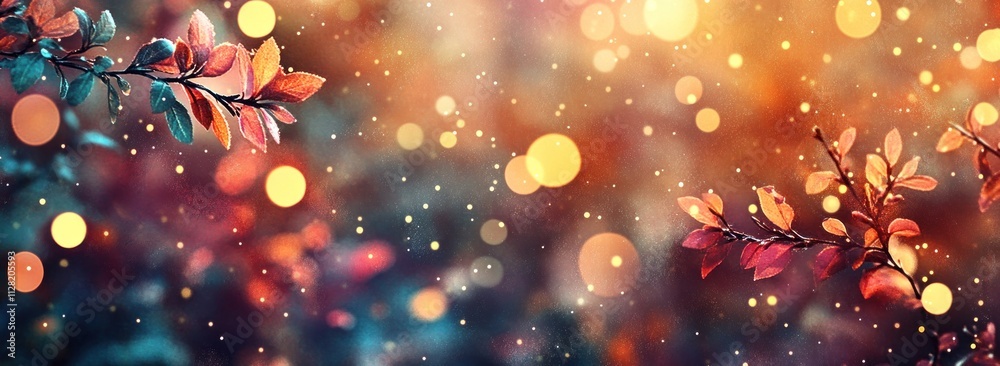 Poster a dreamy background of colorful leaves and glowing orbs, creating a serene atmosphere.