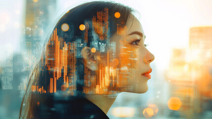Profile of a Young Woman with Cityscape and Digital Data Overlay Illustrating Future Technology and Urban Environment Interconnection