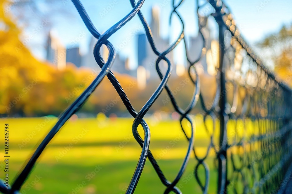 Poster a close-up of a chain-link fence with a blurred city skyline and green field in the background.
