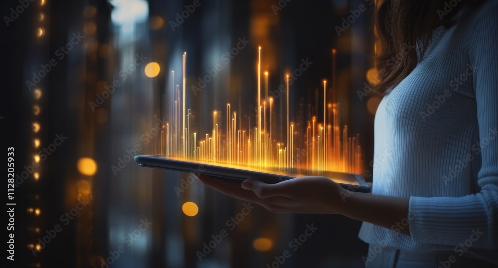 Poster A person holds a tablet displaying vibrant data visualizations in a dark environment.