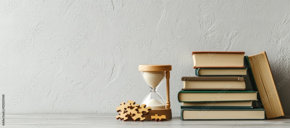 Poster a stack of books beside an hourglass and puzzle pieces on a textured surface.