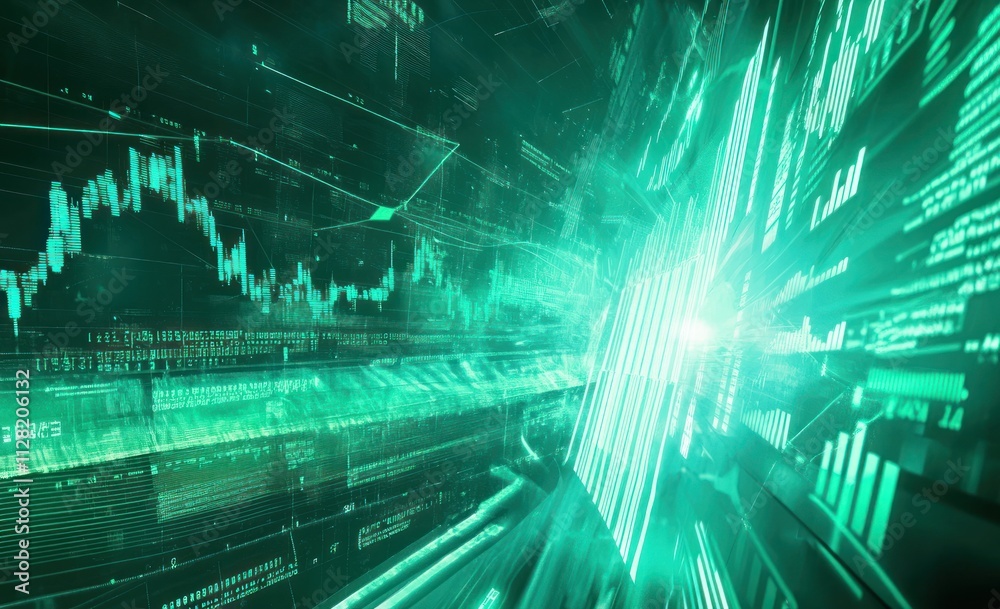 Fototapete Abstract digital visualization of data analysis with green tones and dynamic graphs.