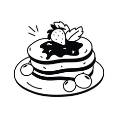 Stack of pancakes topped with fresh fruits and syrup