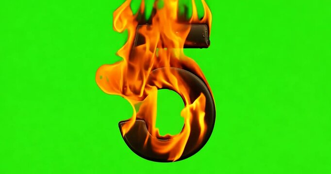 A vividly burning number '5,' with embers drifting  on a vibrant green screen in slow motion