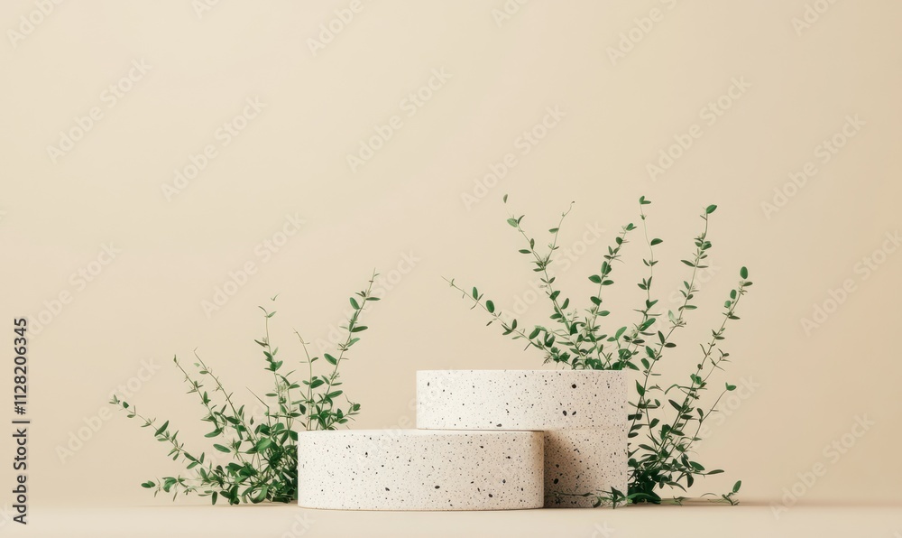 Poster Minimalistic display of two textured circular objects surrounded by green foliage on a neutral background.