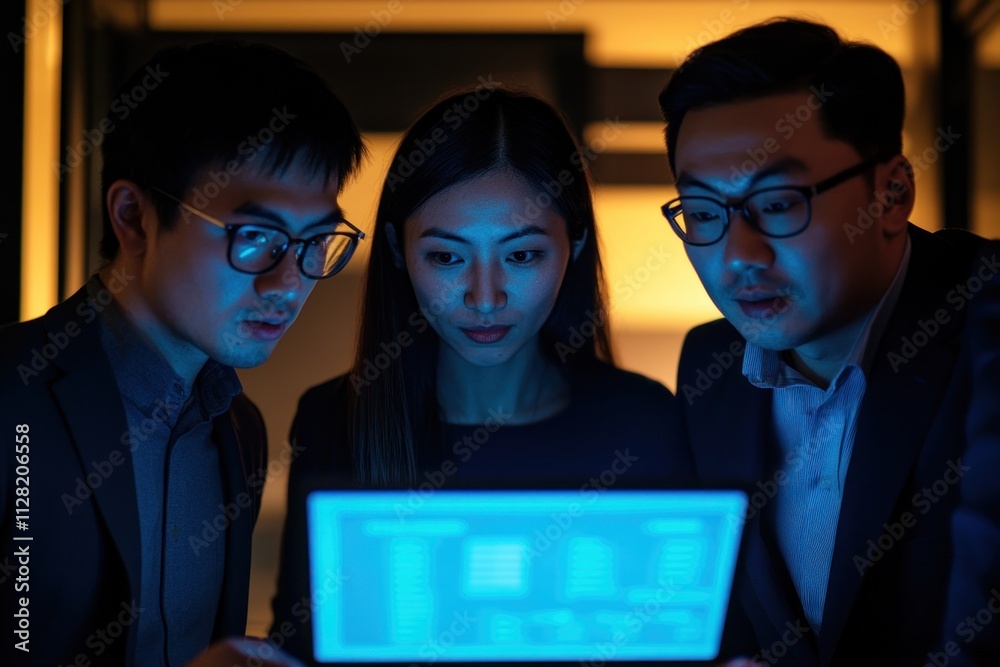 Poster Three professionals analyzing data on a laptop in a dimly lit office environment.