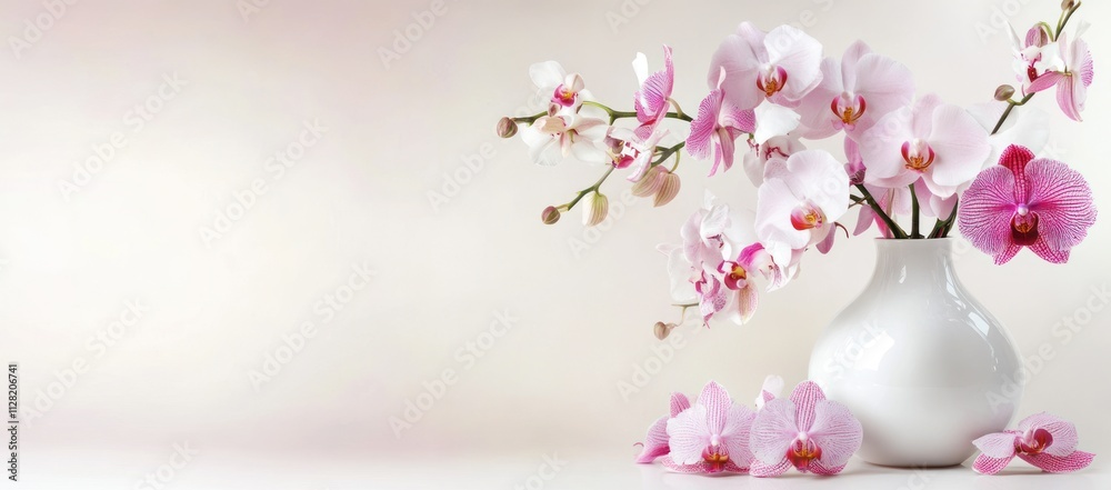 Poster a serene arrangement of pink orchids in a white vase, creating a calming atmosphere.