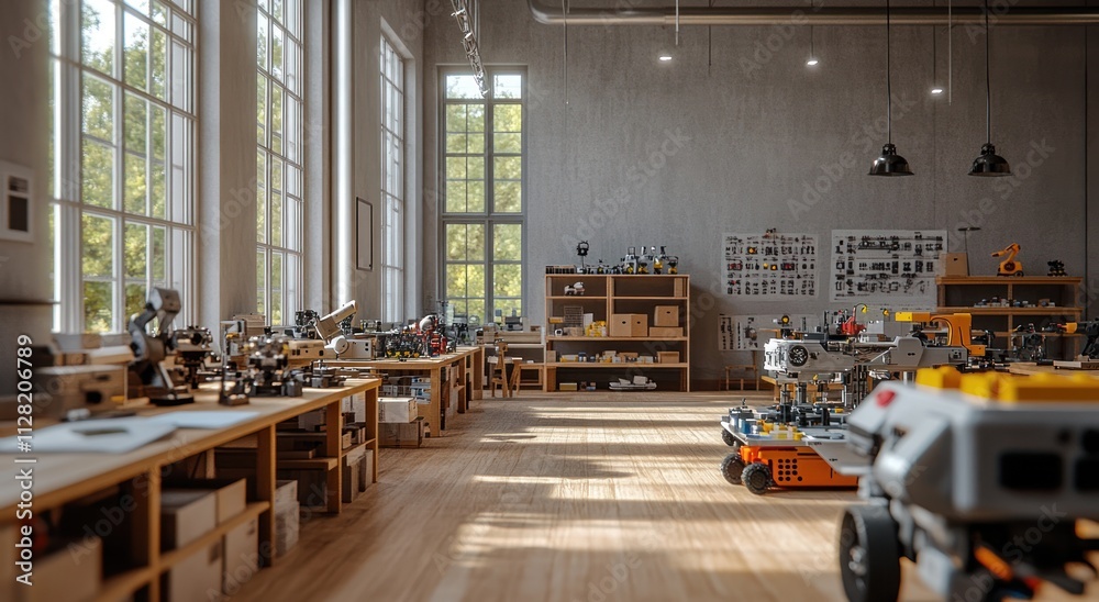 Aufkleber a spacious workshop filled with various robotic equipment and tools for innovation.