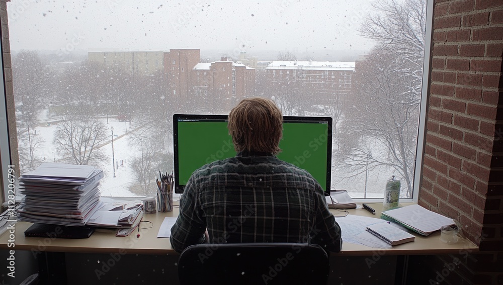 Poster a person working at a desk, facing a computer screen, with snow falling outside the window.