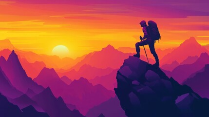 Obraz premium A climber silhouetted against a vibrant sunset over mountainous terrain.