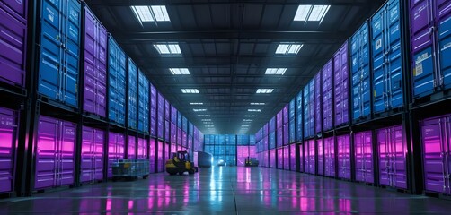 Cyberpunk data center, server room, neon blue lighting, reflective floor, high-tech infrastructure