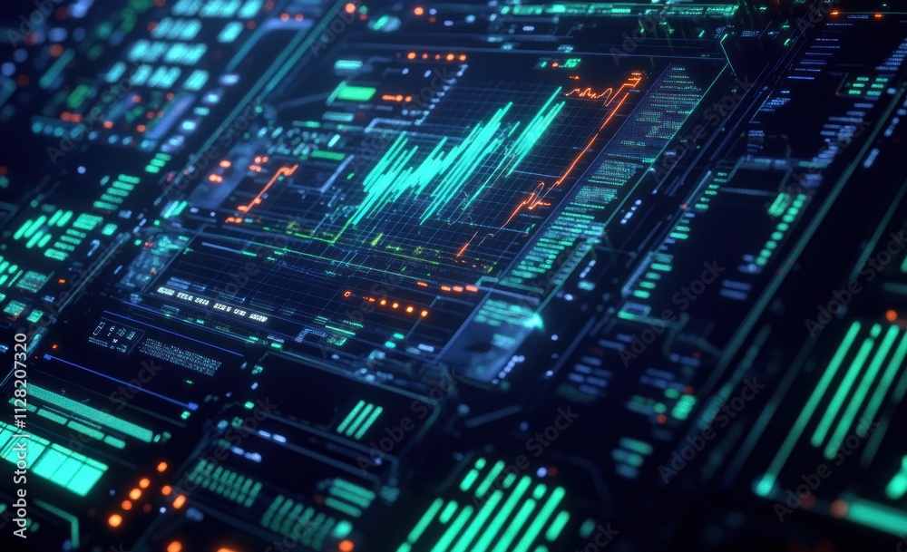 Poster Abstract digital interface with vibrant data visualizations and circuit patterns.
