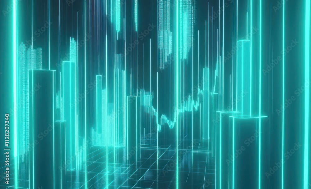 Poster A digital representation of data visualization with glowing vertical bars and a grid background.
