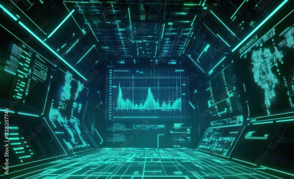 Fototapete A futuristic digital interface displaying data and analytics in a high-tech environment.