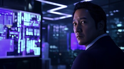 A man is staring at a computer screen with a purple background