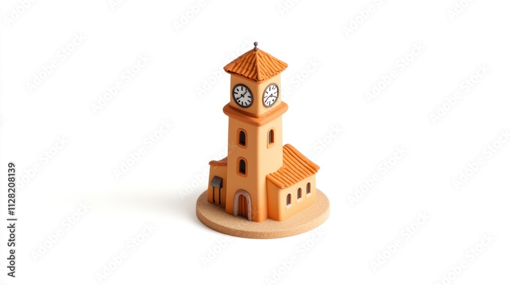 Poster a small, orange clock tower model with a tiled roof and two clock faces.
