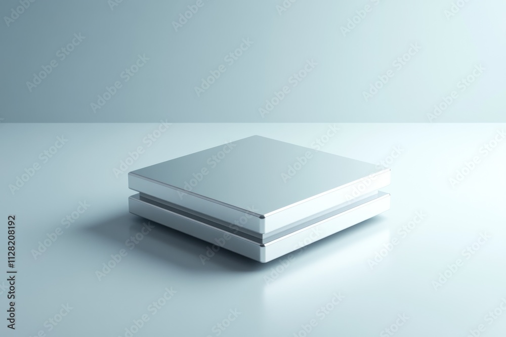 Poster A sleek, minimalist design of stacked rectangular objects on a smooth surface.