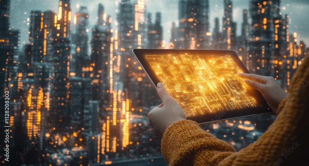 Poster a person holds a glowing tablet displaying data against a futuristic city skyline.