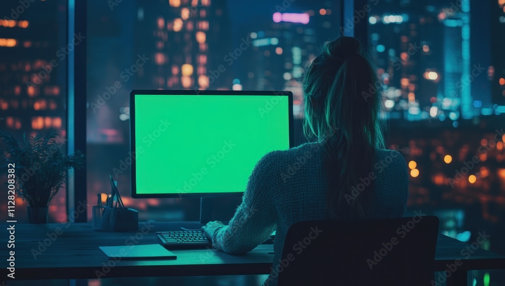 Aufkleber a person working at a computer with a blank screen, overlooking a city skyline at night.