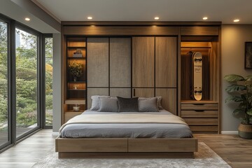 Modern bedroom with built-in wooden wardrobe, sliding doors, and platform bed.