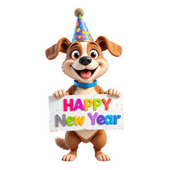 A cute 3d happy dog cartoon with party hat holding 'HAPPY New Year' sign board isolated on a transparent background, Festive and New Year celebration