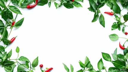Naklejka premium Frame made of chili peppers and green leaves on white background, top view