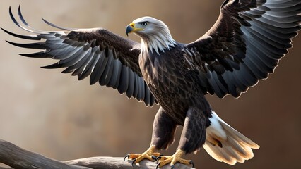 Obraz premium A majestic bald eagle perches on a weathered branch, its wings spread wide. Its piercing gaze and powerful talons suggest a fierce and independent spirit.