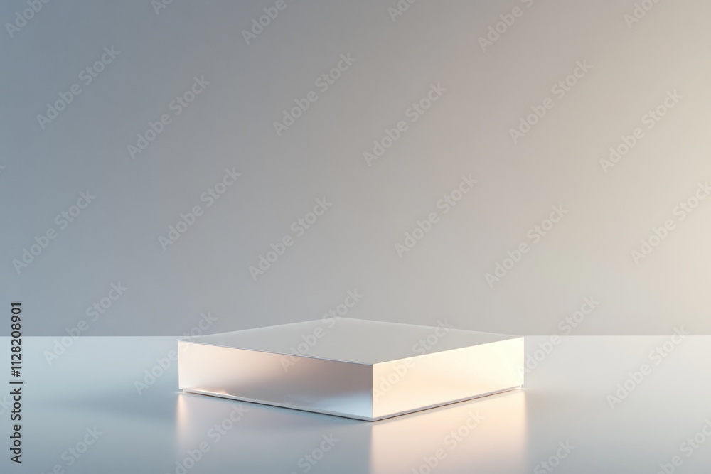 Poster A minimalist, reflective cube on a smooth surface with soft lighting.