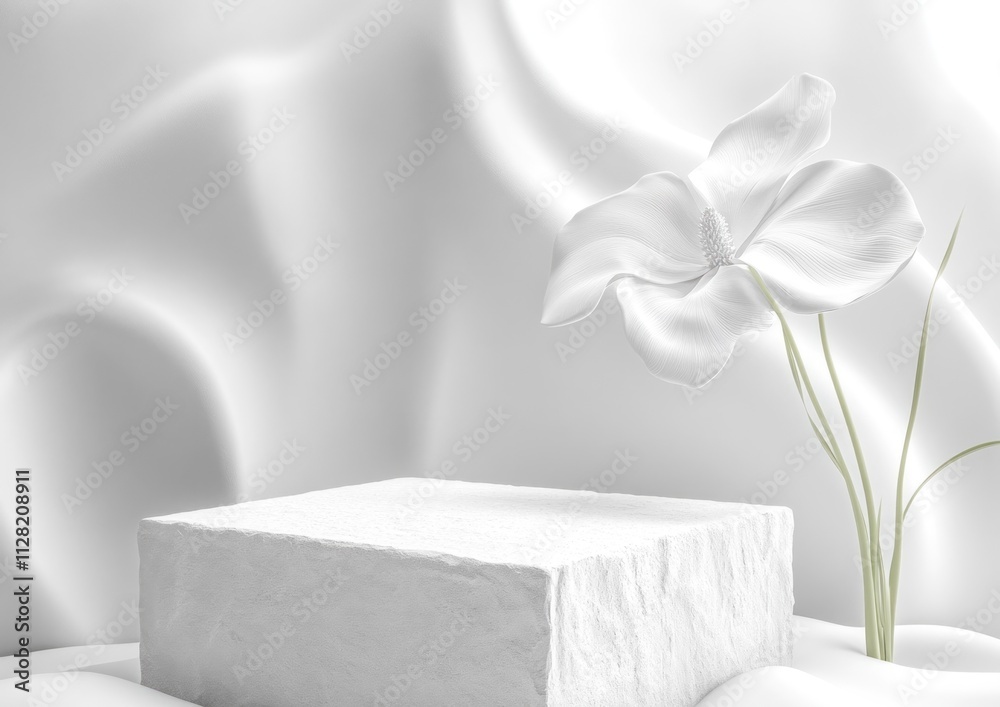 Poster A minimalistic white scene featuring a textured block and a delicate flower.