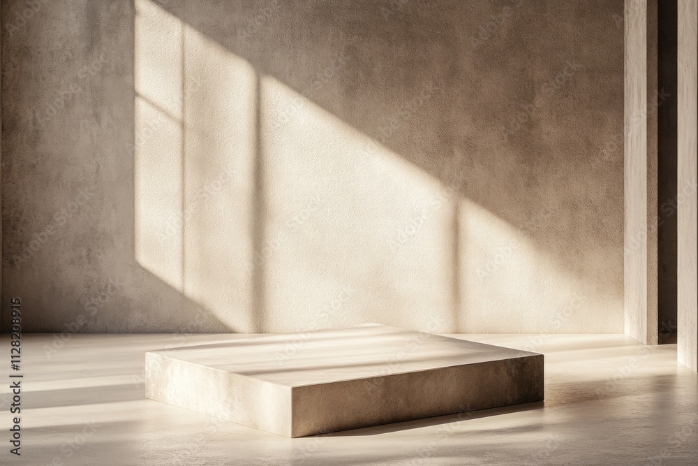 Poster a minimalist interior space with a raised platform and soft light casting shadows.