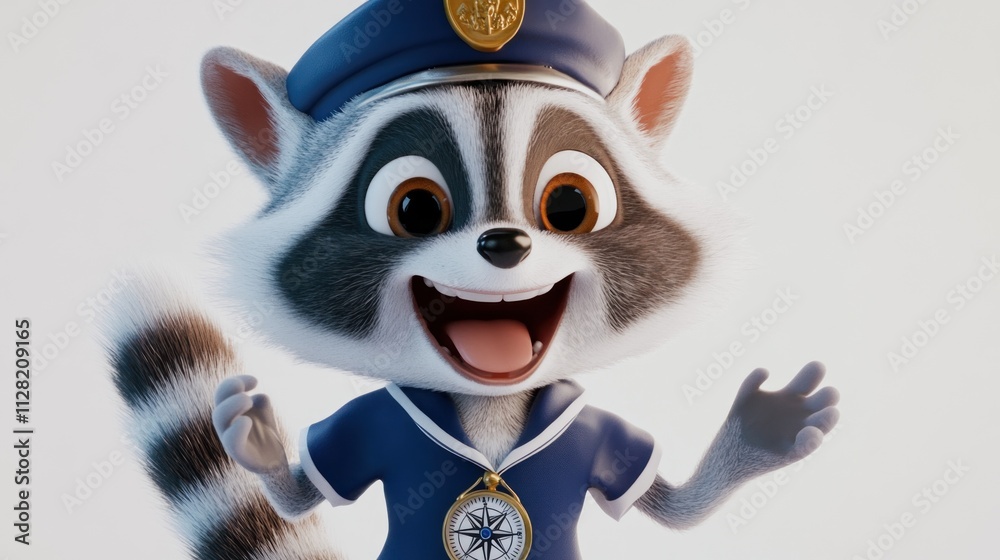 Poster a cheerful cartoon raccoon character in a uniform, smiling and gesturing enthusiastically.