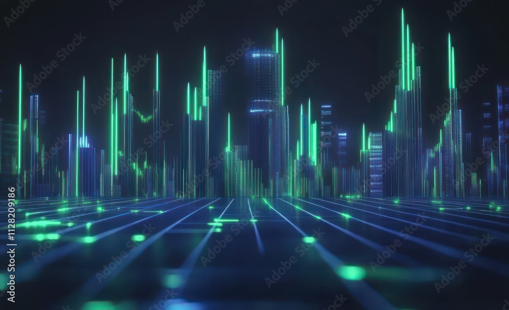 Poster a futuristic cityscape with glowing digital elements and a grid-like ground.