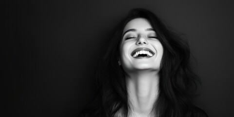 Fototapeta premium A joyful young woman is caught in a moment of laughter, showcasing a vibrant personality and genuine happiness, portrayed in a captivating black-and-white artistic style.