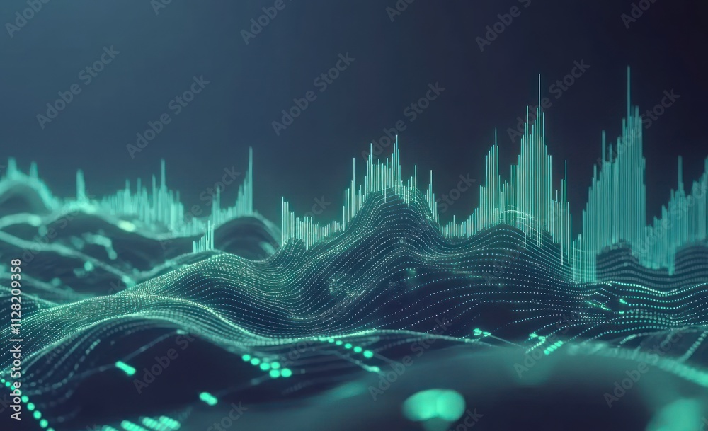 Poster abstract visualization of sound waves represented in a digital landscape.