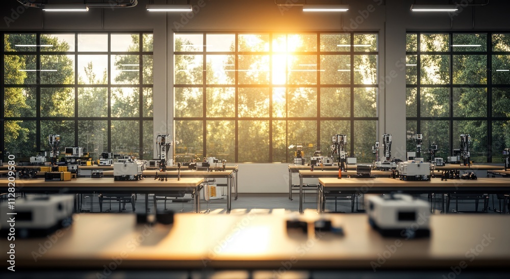 Poster a bright laboratory workspace with tables and equipment, illuminated by sunlight through windows.