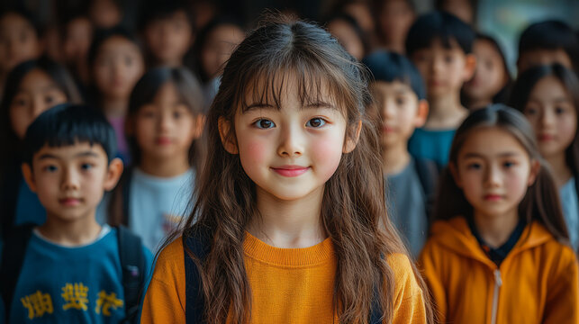 A photo wall of ten to twenty students. Many Chinese students aged 10 to 13 from all over the world are beaming with innocent smiles and youthful faces.