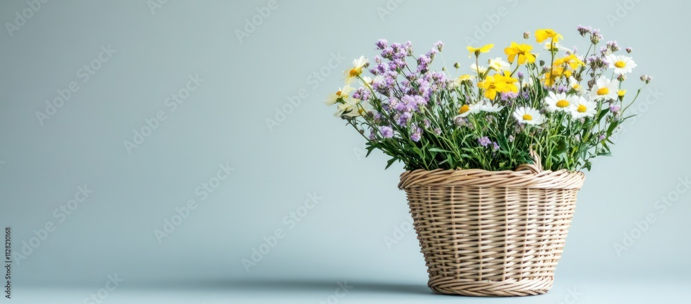 Poster a wicker basket filled with colorful flowers against a soft background.