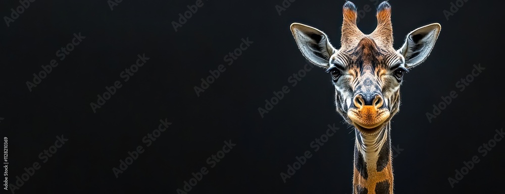 Poster a close-up of a giraffe against a dark background, showcasing its unique features.