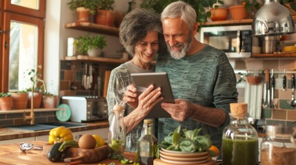 Senior Couple Cooking Together Using Tablet in Rustic Kitchen, Enjoying Healthy Recipe