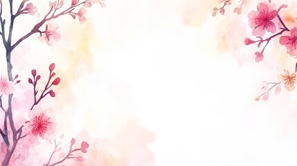 A soft watercolor illustration featuring delicate pink flowers and branches, perfect for invitations, greeting cards, or print backgrounds, It conveys a sense of serenity and beauty,