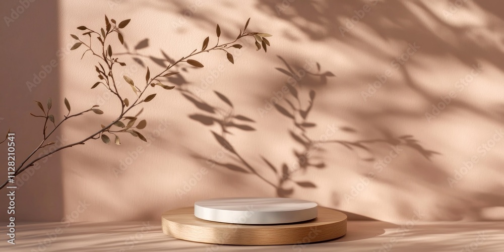 Poster a serene composition featuring a white plate on a wooden base with soft shadows and foliage.