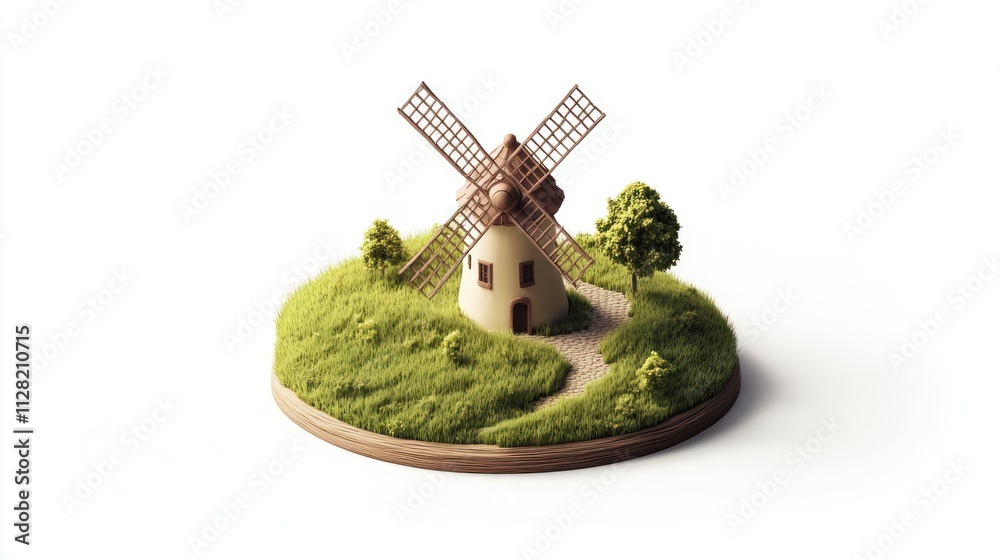 Poster a quaint windmill on a grassy hill with a path and a tree, symbolizing rural charm.