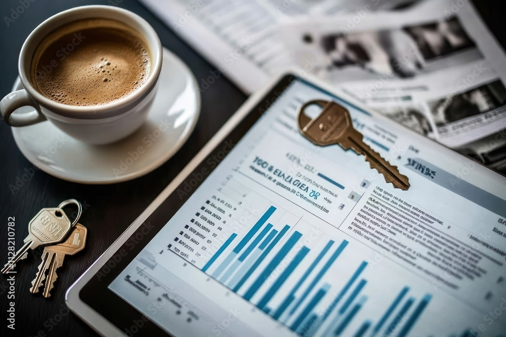 Poster A coffee cup beside an iPad displaying data analytics and keys on a table.