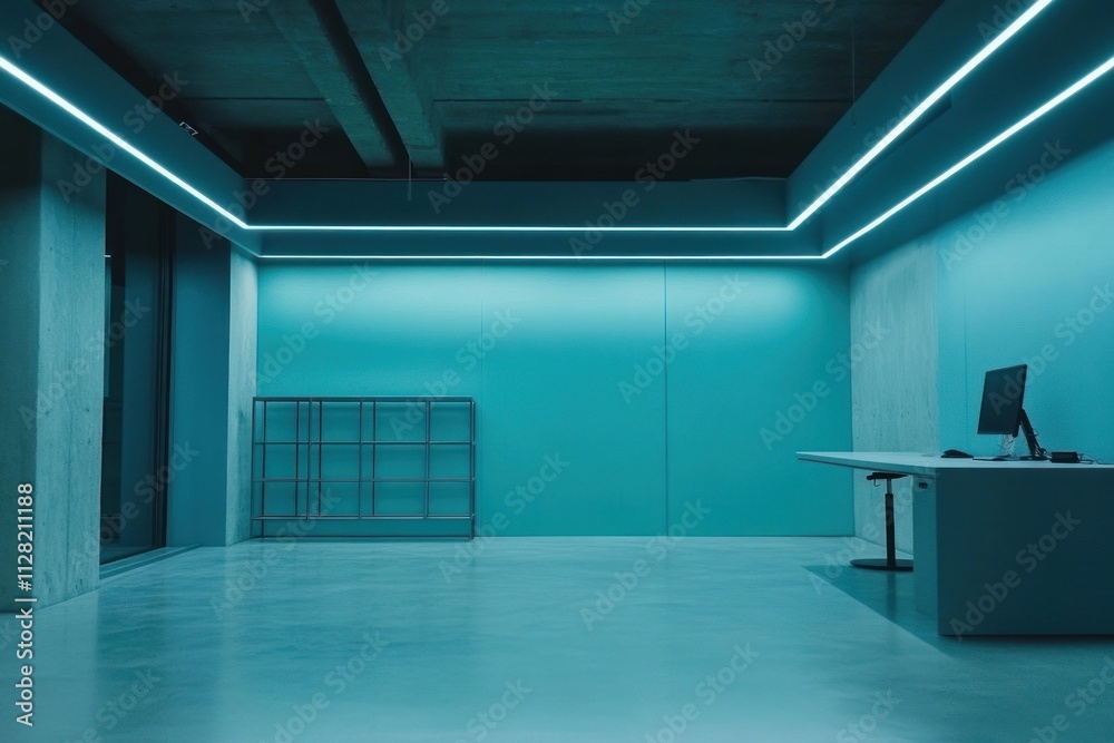 Poster a minimalist office space with blue lighting and a simple desk setup.