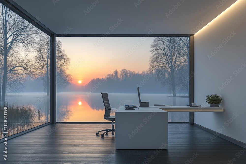 Poster a modern office with a serene view of a sunset over a lake and trees.