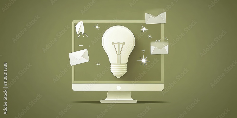 Fototapete A computer screen displaying a light bulb and floating envelopes, symbolizing ideas and communication.