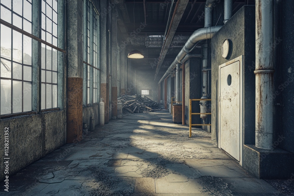 Poster an industrial corridor with sunlight filtering through large windows, revealing debris and textures.